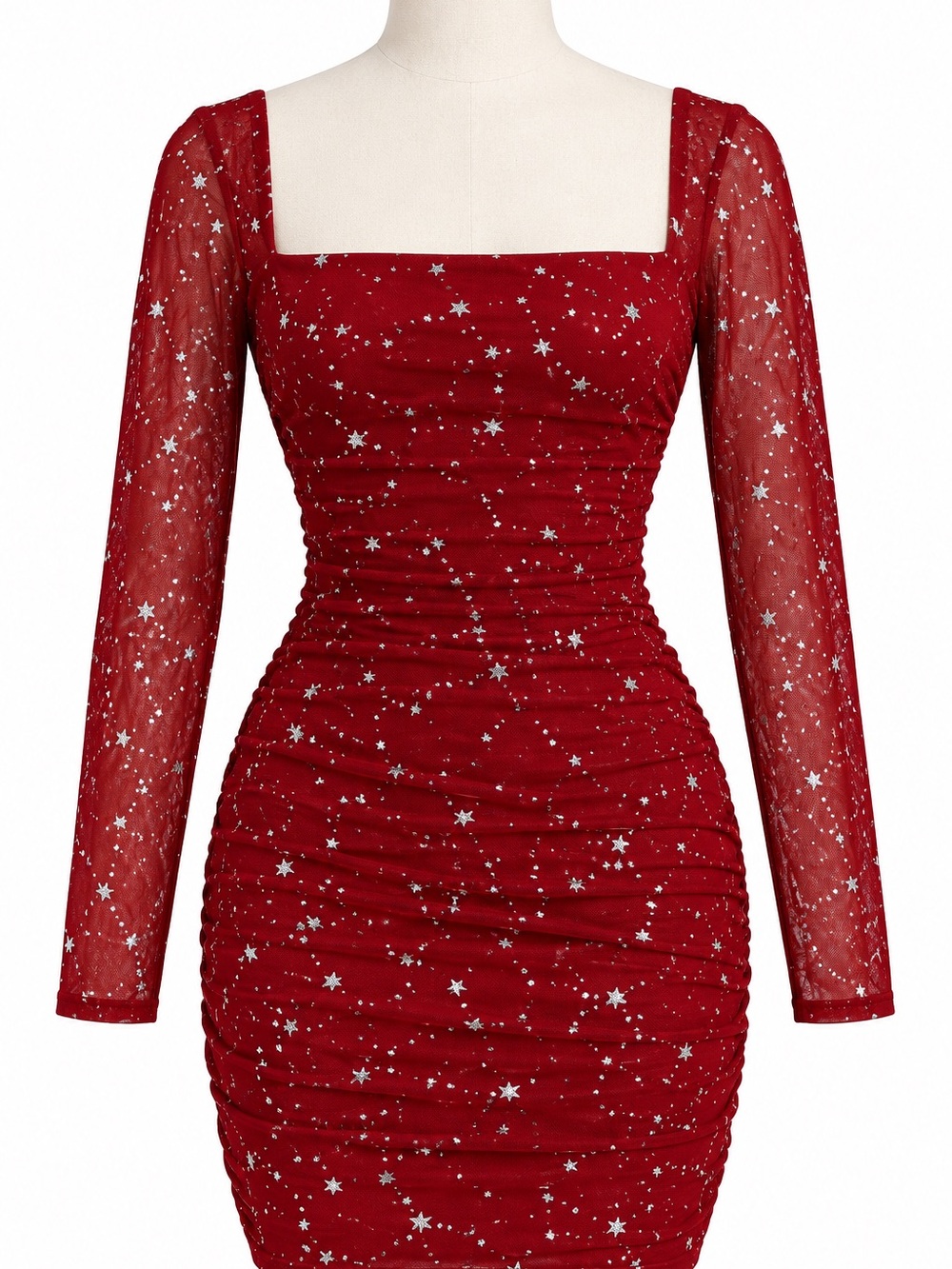 Red Sparkle Long-Sleeve Square Neck Bodycon Dress
